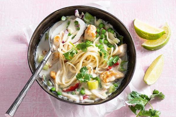 thai chicken soup with coconut milk and noodles