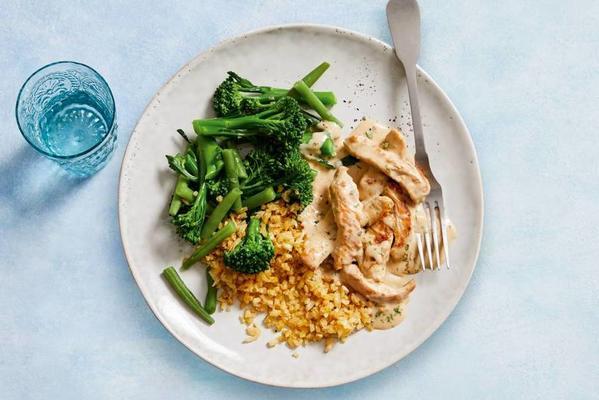 turkey fillet in cream-soy sauce with green vegetables and cauliflower rice