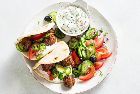 filled flatbreads with veg balls and homemade fetadip
