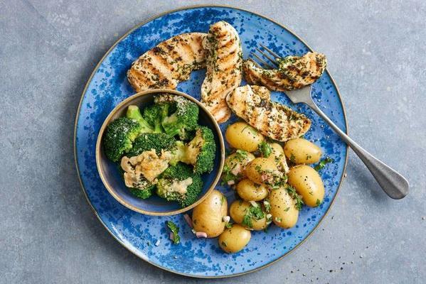 grilled chicken with parsley potatoes and broccoli gratin