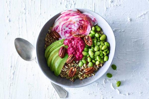 buddha bowl with chioggia beetroot and beet hummus