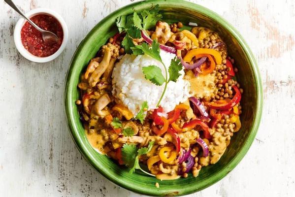 yellow curry with lentils, paprika and tender chicken