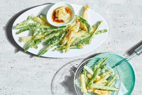 tempura of green and white asparagus