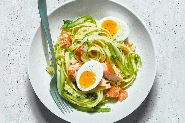 asparagus tagliatelle with warm smoked salmon and egg