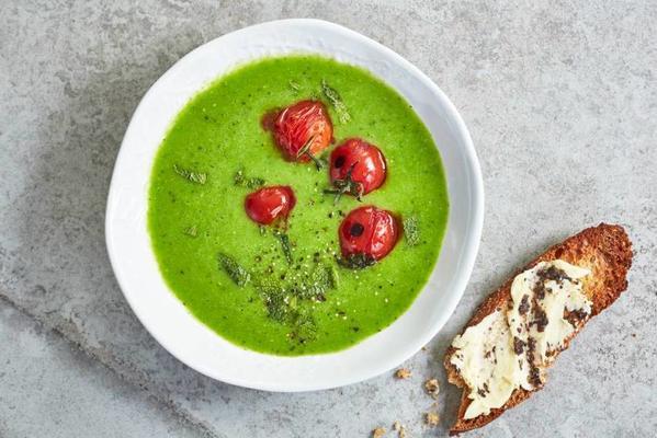 garden pea soup with roasted cherry tomatoes
