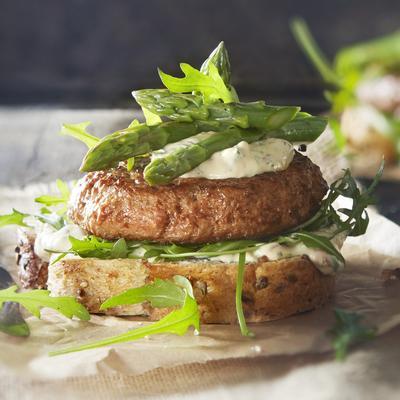 sandwich burger with anchovy sauce and green asparagus