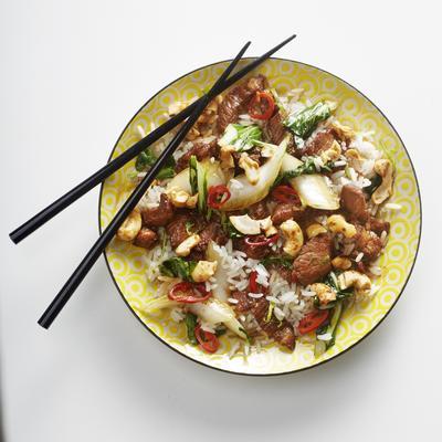 oriental pork chop with bok choy and cashew nuts