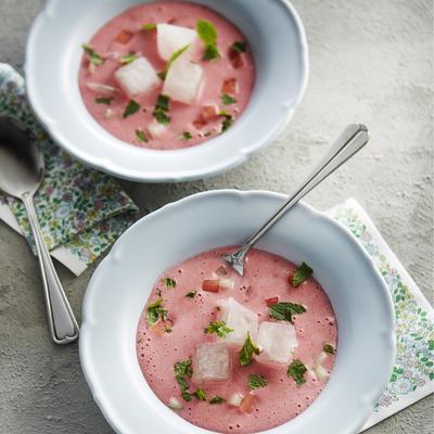 fresh currant soup with melon confetti