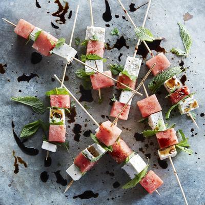 watermelon skewers with feta and mint