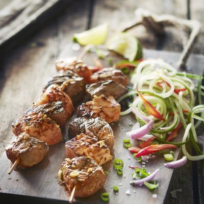 thai barbecue skewer with steak and salmon