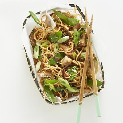 egg noodles with mushrooms, bok choy and snow peas