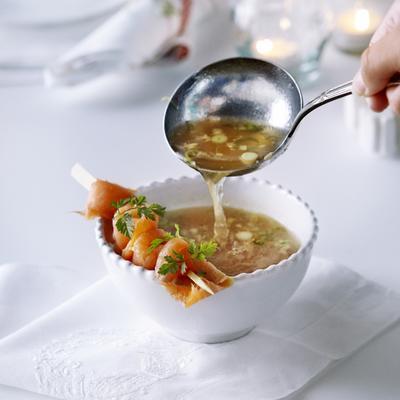 spicy fish broth with salmon skewer
