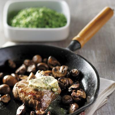 steak with mushrooms and anchovy butter