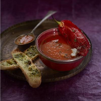 paprika soup with pesto crostini