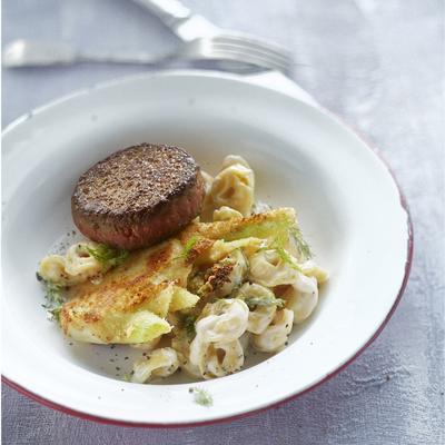 tartar with fennel and cheese tortellini