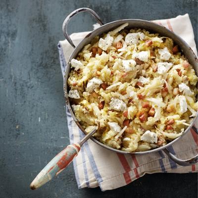 chicory stew with soft goat cheese and bacon