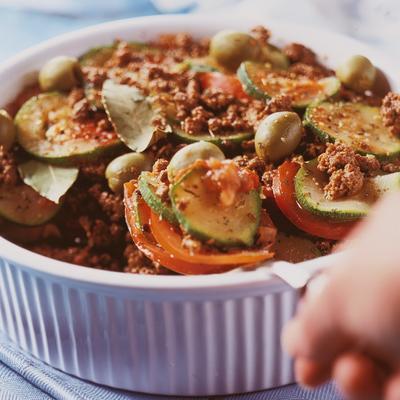 tian / provençal casserole of courgette, tomato and minced meat