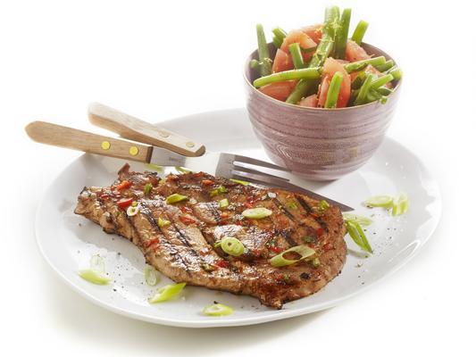 marinated pork chops with tomato-green beans salad