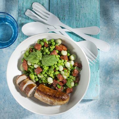 broad beans with peas, chorizo ​​and mint