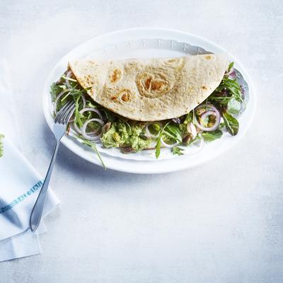 pita with lettuce leaves, feta and watercress hummus