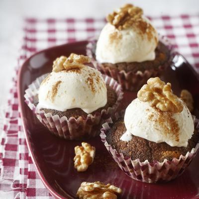 chocolate cupcake with nuts and ice cream