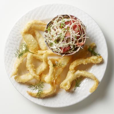 fish tempura with fresh coleslaw