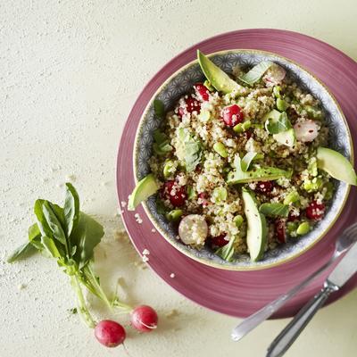 quinoa salad with avocado and broad beans