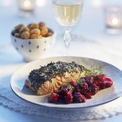 roasted salmon with beetroot cranberry chutney