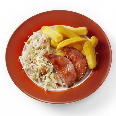 roasted ham with fries and coleslaw