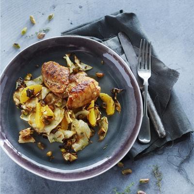 roasted white cabbage with orange and pistachio
