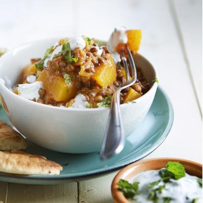 pumpkin curry with lentils, yoghurt and mint