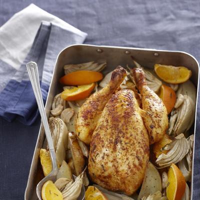 chicken from the oven with orange and fennel