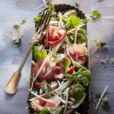 celery salad with smoked meat and spice mayonnaise