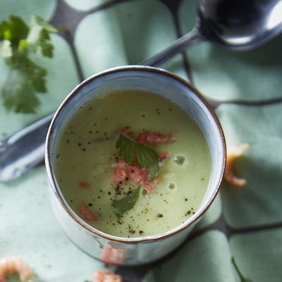 creamy avocado soup with prawns