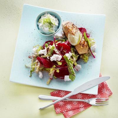 summer beet salad with roasted salmon