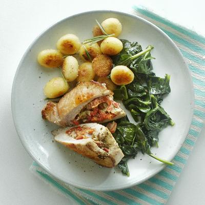 stuffed pork fillet with garlic spinach and rosemary balls
