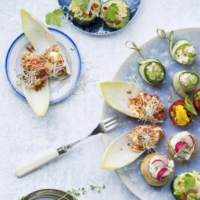 cucumber boxes with rice salad and smoked trout