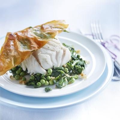 poached fish fillet with basil crispy