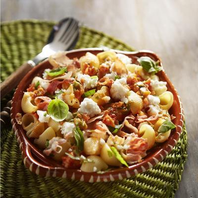 pasta salad with tomato tapenade and parma ham