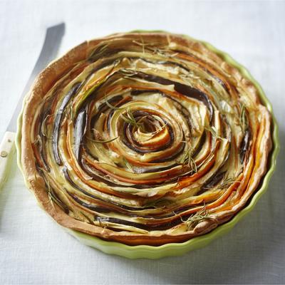 spiral pie with carrot, parsnip and eggplant