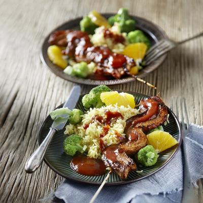 bacon skewers with orange tomato sauce