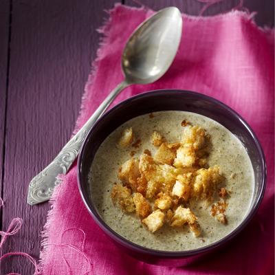 creamy green cabbage soup with cumin croutons
