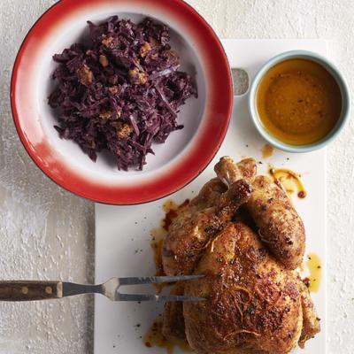 red cabbage with gingerbread, chocolate and fried honey chicken
