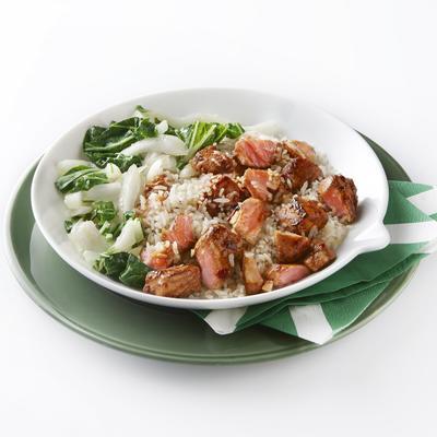 rice dish with spicy salmon and bok choy