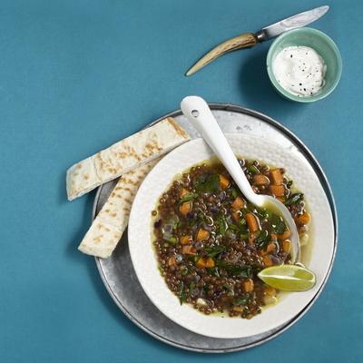 spicy lentil soup with pita
