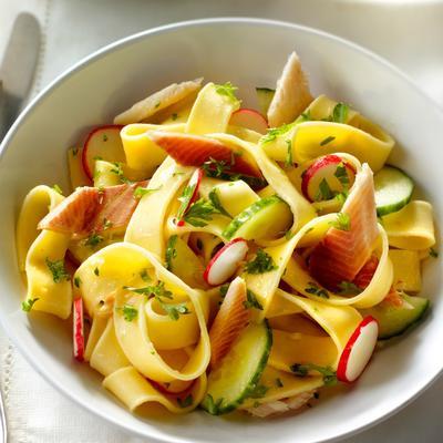 pasta salad with cucumber and smoked trout