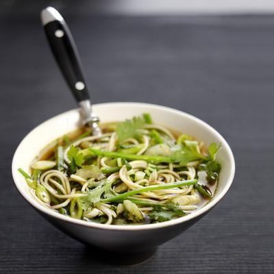 noodle soup with green vegetables