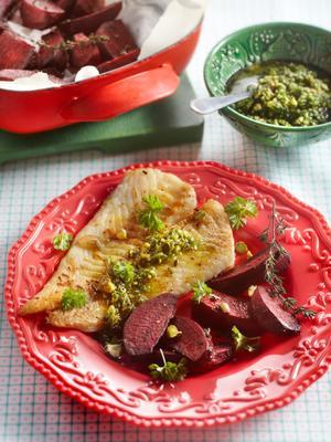 cod with roasted beet and pistachio salsa