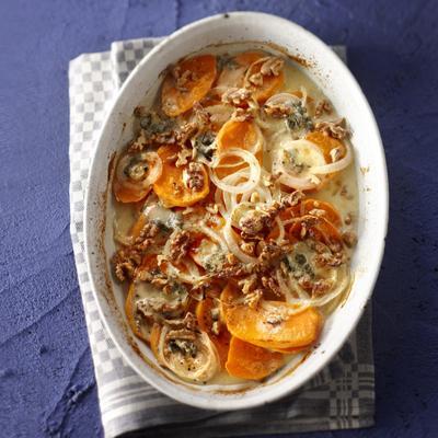 sweet potato gratin with roquefort and walnuts