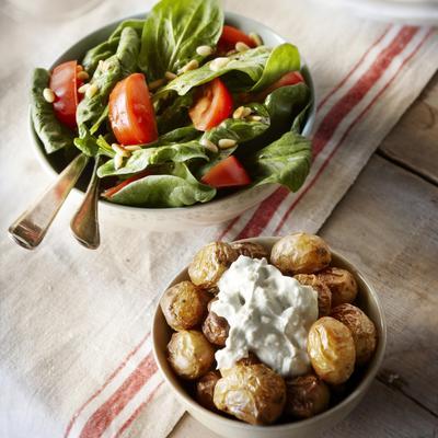 puffed potatoes with gorgonzola and spinach salad